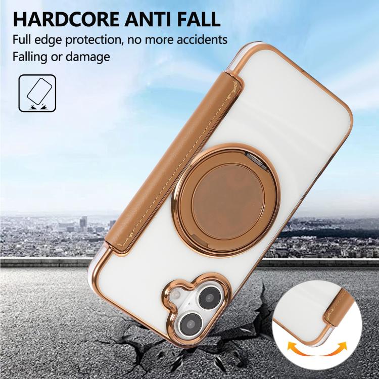 For iPhone 16 Ultra-thin Rotation Holder Magnetic Plating Vegan Leather Phone Case