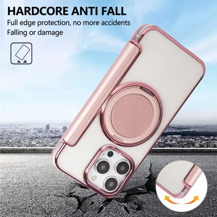 For iPhone 15 Pro Max Ultra-thin Rotation Holder Magnetic Plating Vegan Leather Phone Case
