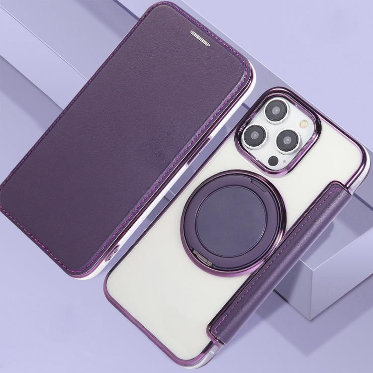 For iPhone 15 Pro Max Ultra-thin Rotation Holder Magnetic Plating Vegan Leather Phone Case