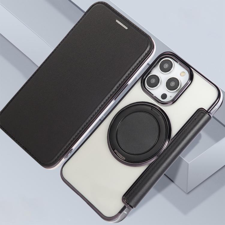 For iPhone 15 Pro Max Ultra-thin Rotation Holder Magnetic Plating Vegan Leather Phone Case