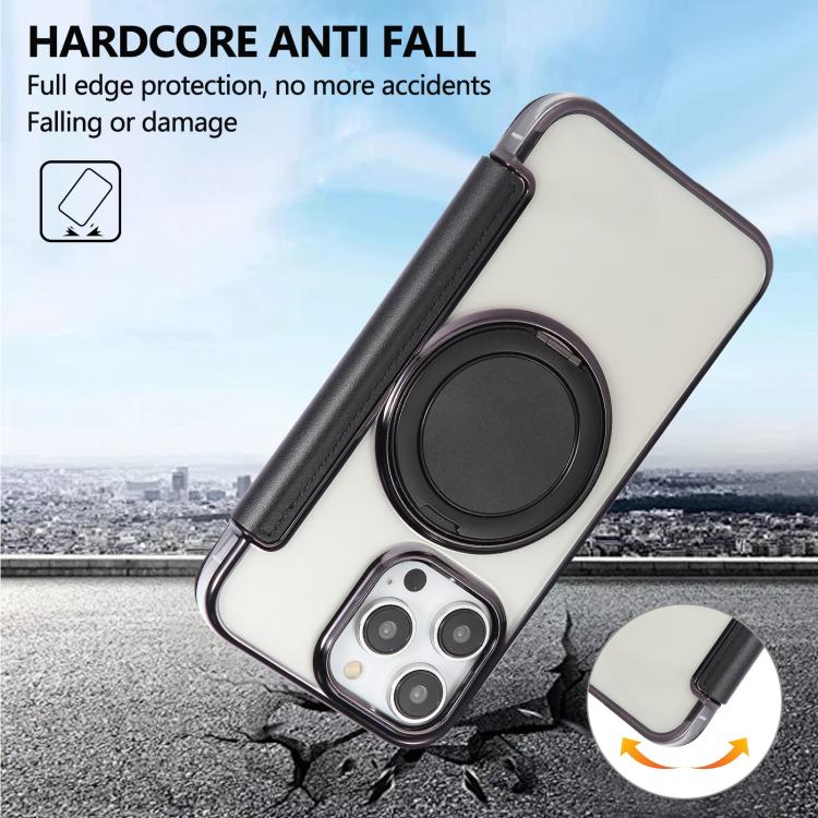 For iPhone 15 Pro Ultra-thin Rotation Holder Magnetic Plating Vegan Leather Phone Case
