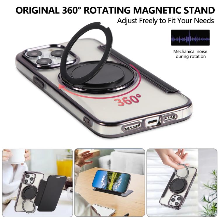 For iPhone 15 Pro Ultra-thin Rotation Holder Magnetic Plating Vegan Leather Phone Case