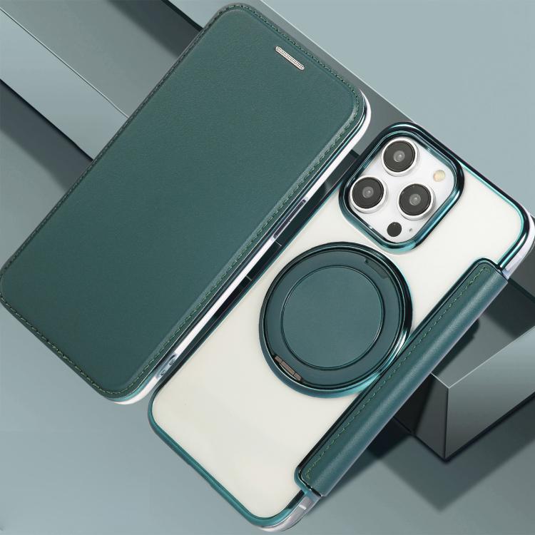For iPhone 15 Pro Ultra-thin Rotation Holder Magnetic Plating Vegan Leather Phone Case