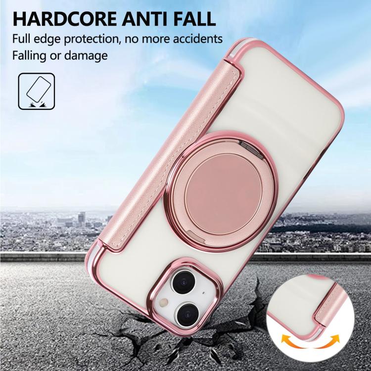 For iPhone 15 Plus / 14 Plus Ultra-thin Rotation Holder Magnetic Plating Vegan Leather Phone Case