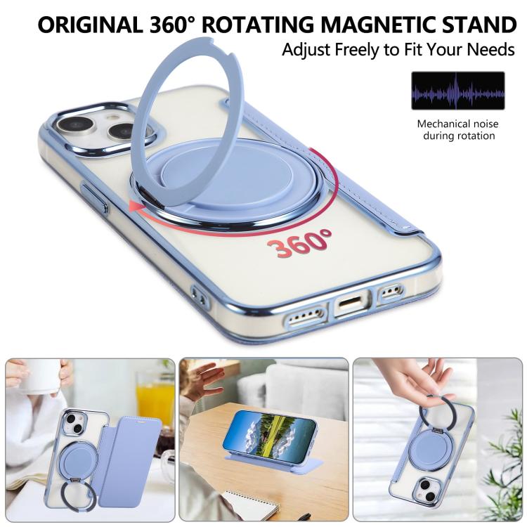 For iPhone 15 Plus / 14 Plus Ultra-thin Rotation Holder Magnetic Plating Vegan Leather Phone Case