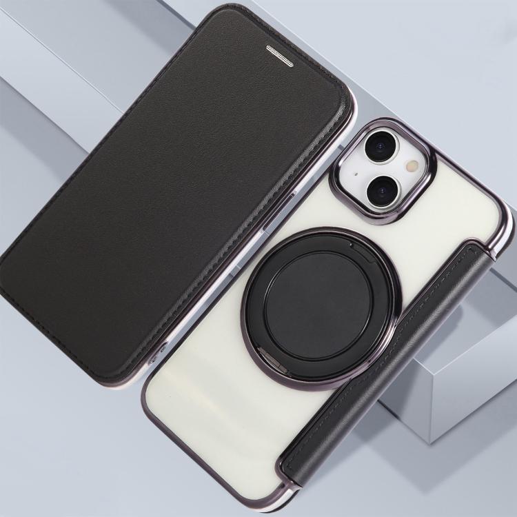 For iPhone 15 Plus / 14 Plus Ultra-thin Rotation Holder Magnetic Plating Vegan Leather Phone Case