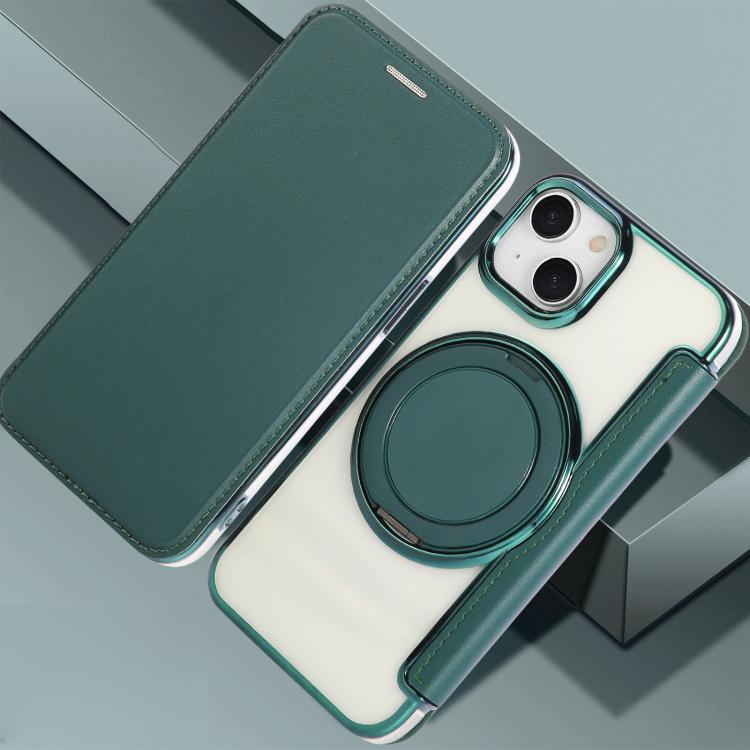 For iPhone 15 Plus / 14 Plus Ultra-thin Rotation Holder Magnetic Plating Vegan Leather Phone Case