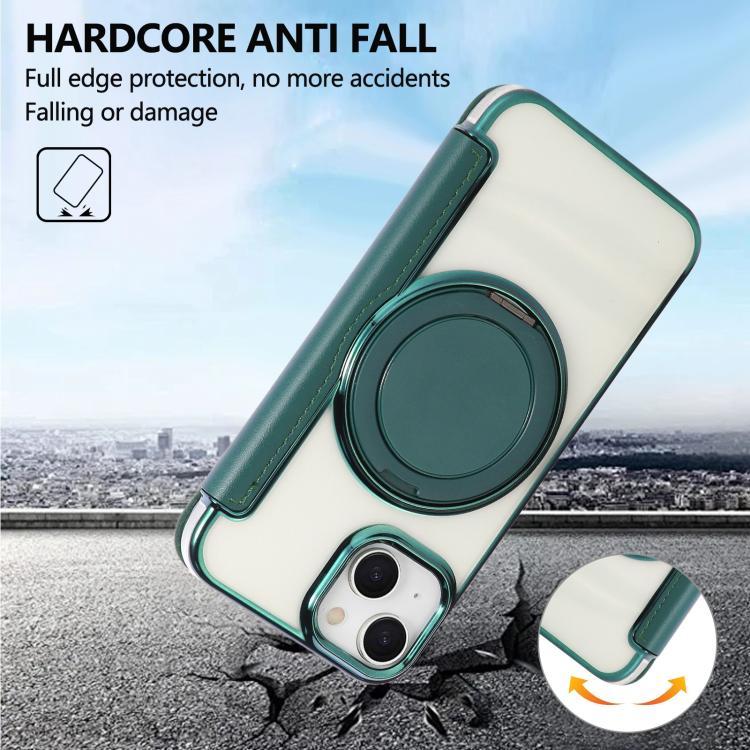 For iPhone 15 Plus / 14 Plus Ultra-thin Rotation Holder Magnetic Plating Vegan Leather Phone Case