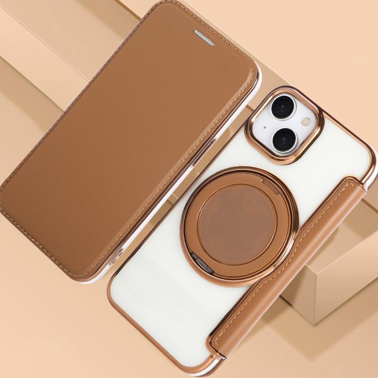 For iPhone 15 Plus / 14 Plus Ultra-thin Rotation Holder Magnetic Plating Vegan Leather Phone Case