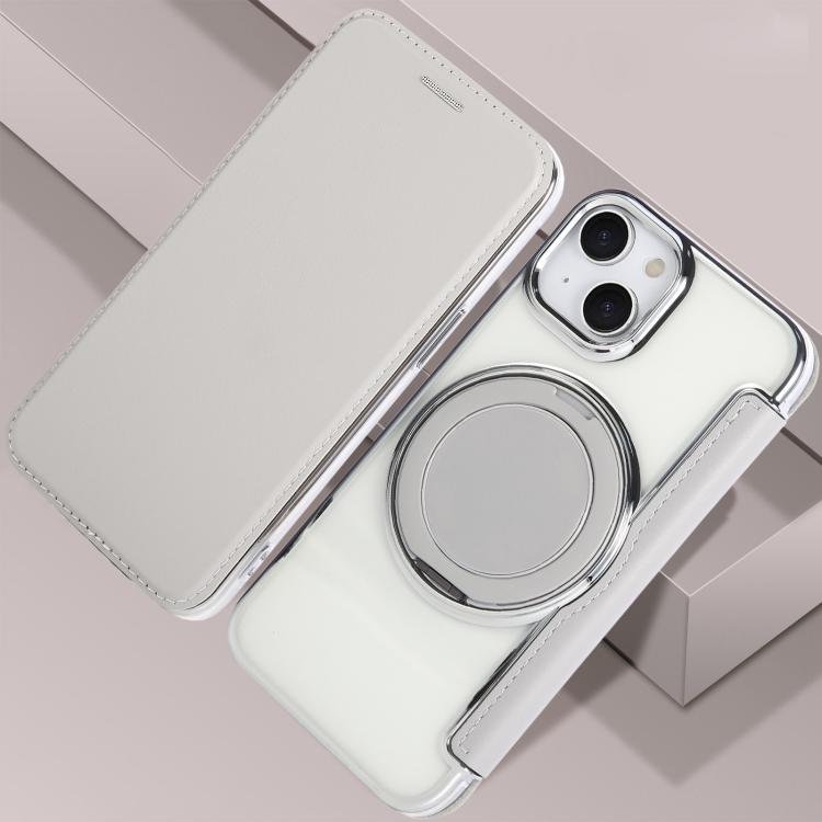 For iPhone 15 Plus / 14 Plus Ultra-thin Rotation Holder Magnetic Plating Vegan Leather Phone Case