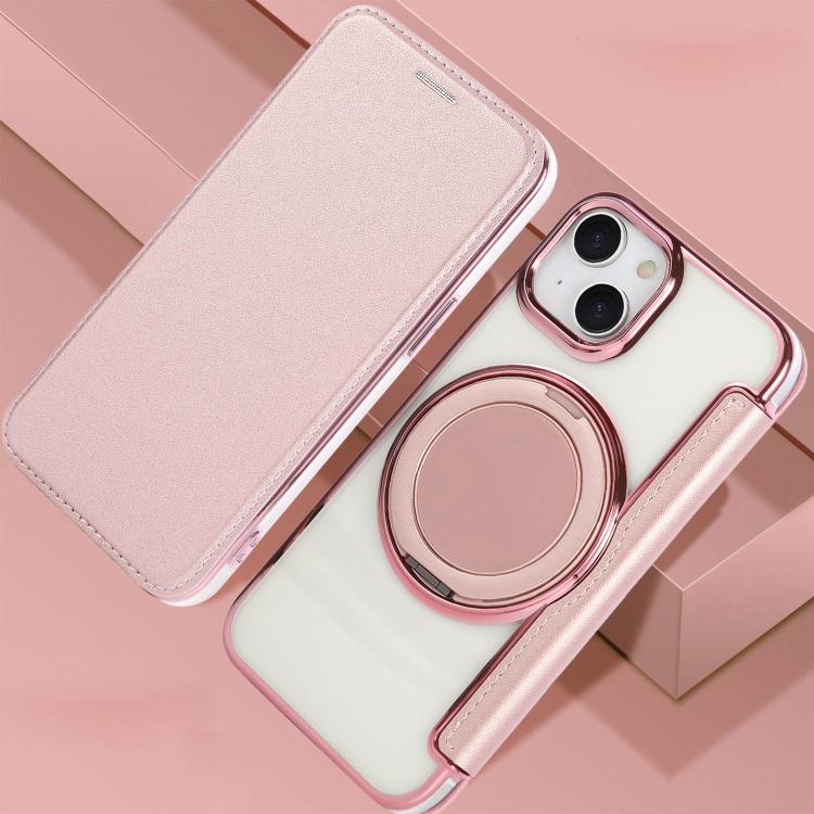 For iPhone 15 Ultra-thin Rotation Holder Magnetic Plating Vegan Leather Phone Case