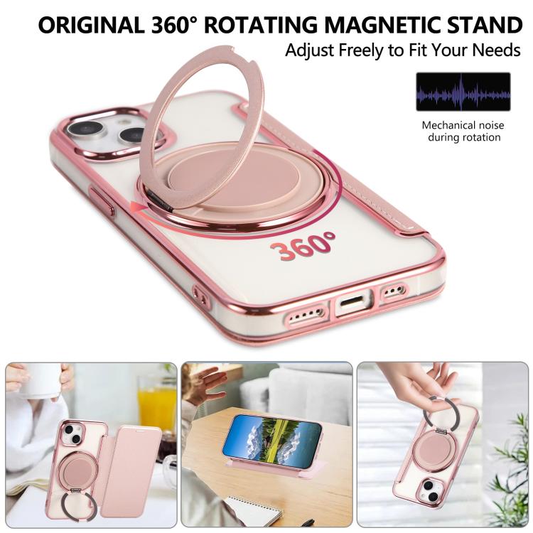 For iPhone 15 Ultra-thin Rotation Holder Magnetic Plating Vegan Leather Phone Case