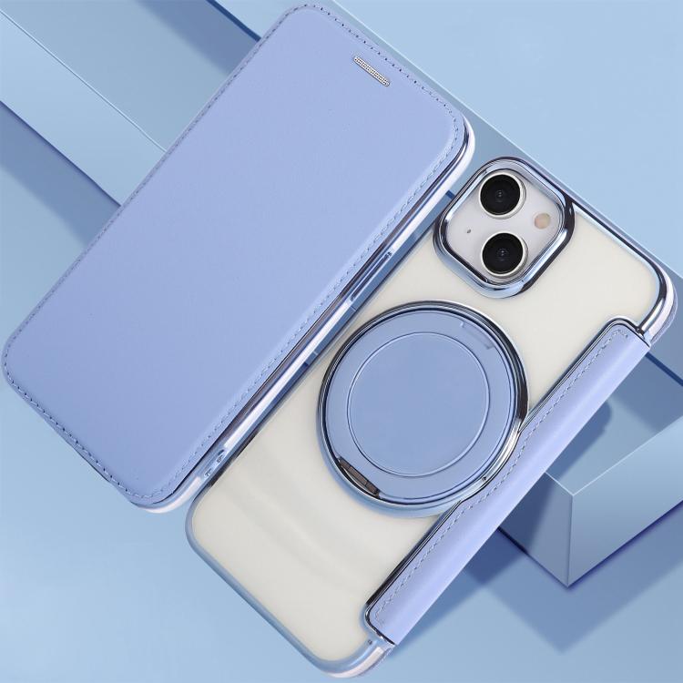 For iPhone 15 Ultra-thin Rotation Holder Magnetic Plating Vegan Leather Phone Case