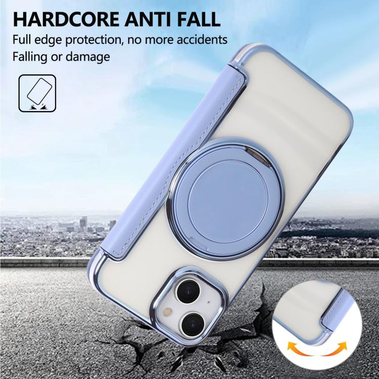 For iPhone 15 Ultra-thin Rotation Holder Magnetic Plating Vegan Leather Phone Case
