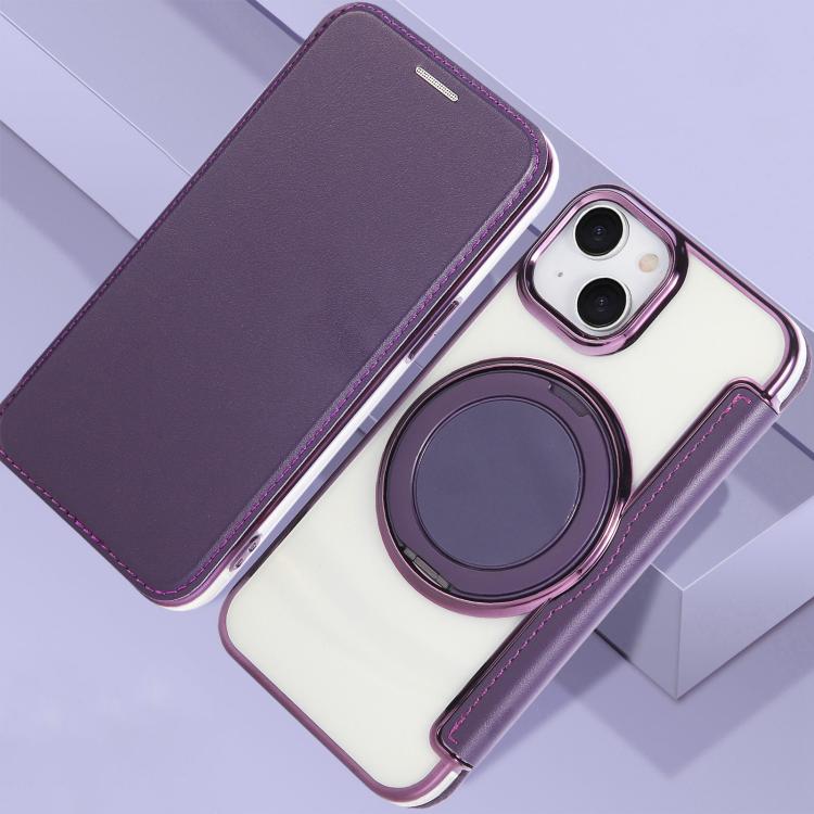 For iPhone 15 Ultra-thin Rotation Holder Magnetic Plating Vegan Leather Phone Case