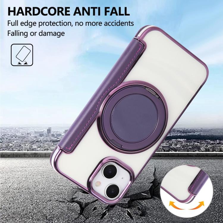 For iPhone 15 Ultra-thin Rotation Holder Magnetic Plating Vegan Leather Phone Case