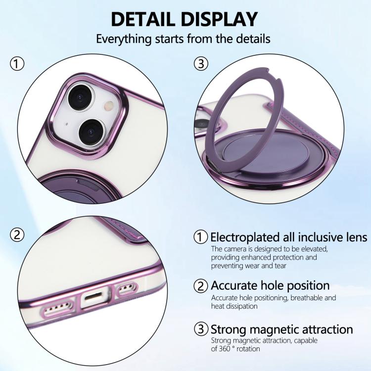 For iPhone 15 Ultra-thin Rotation Holder Magnetic Plating Vegan Leather Phone Case