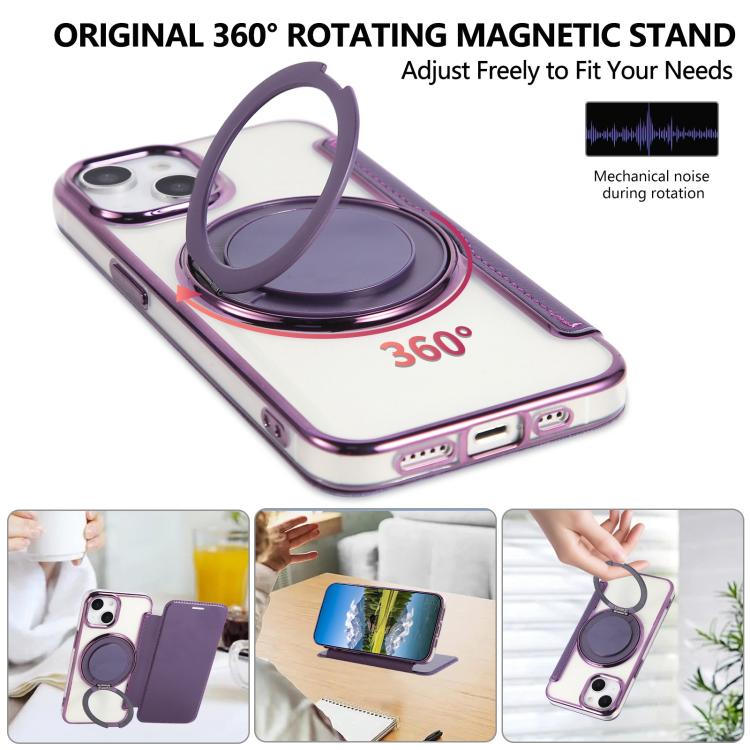 For iPhone 15 Ultra-thin Rotation Holder Magnetic Plating Vegan Leather Phone Case