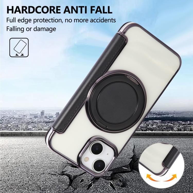 For iPhone 15 Ultra-thin Rotation Holder Magnetic Plating Vegan Leather Phone Case