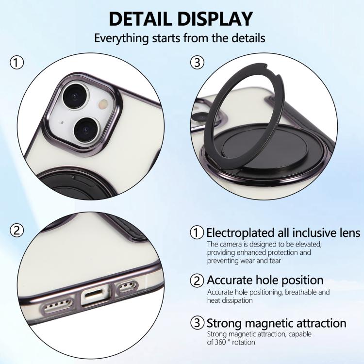 For iPhone 15 Ultra-thin Rotation Holder Magnetic Plating Vegan Leather Phone Case