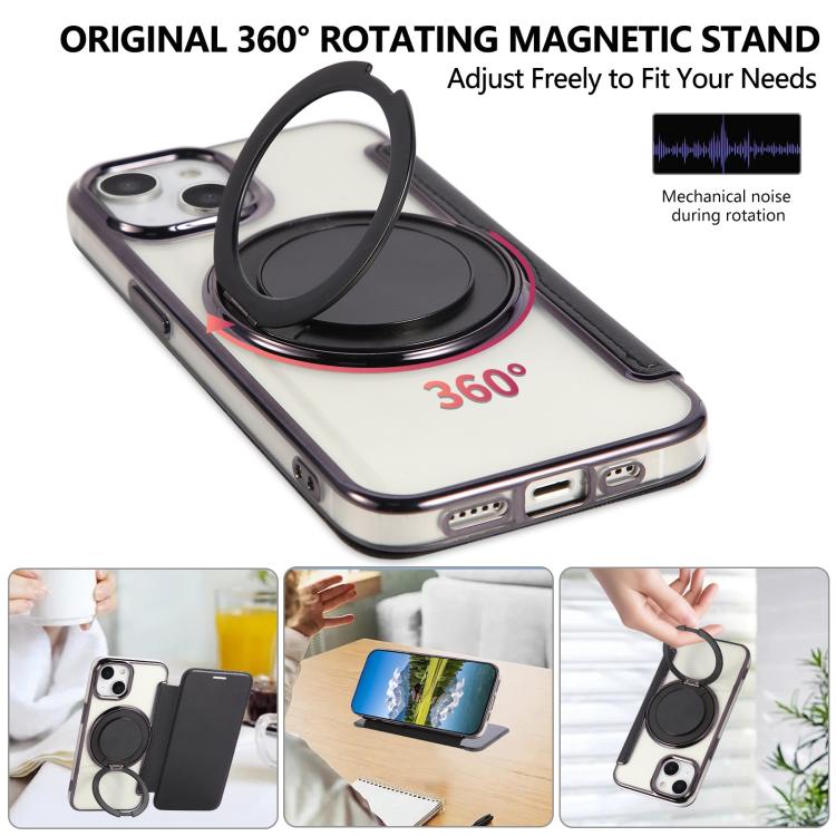 For iPhone 15 Ultra-thin Rotation Holder Magnetic Plating Vegan Leather Phone Case