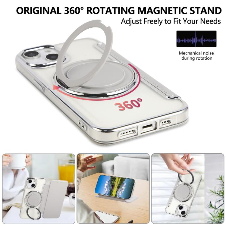 For iPhone 15 Ultra-thin Rotation Holder Magnetic Plating Vegan Leather Phone Case