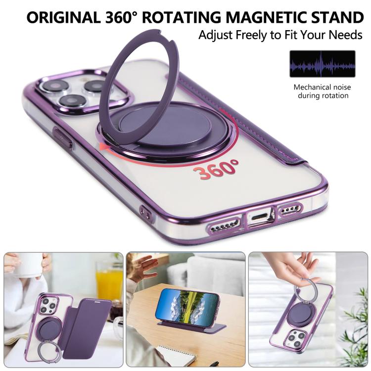 For iPhone 14 Pro Ultra-thin Rotation Holder Magnetic Plating Vegan Leather Phone Case