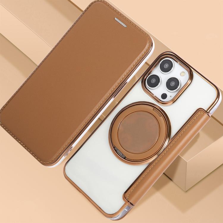 For iPhone 14 Pro Max Ultra-thin Rotation Holder Magnetic Plating Vegan Leather Phone Case
