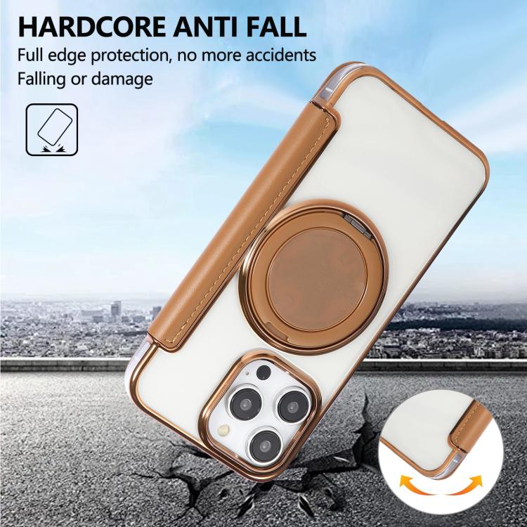 For iPhone 14 Pro Max Ultra-thin Rotation Holder Magnetic Plating Vegan Leather Phone Case