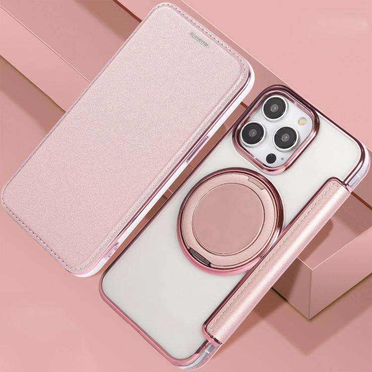 For iPhone 13 Pro Ultra-thin Rotation Holder Magnetic Plating Vegan Leather Phone Case