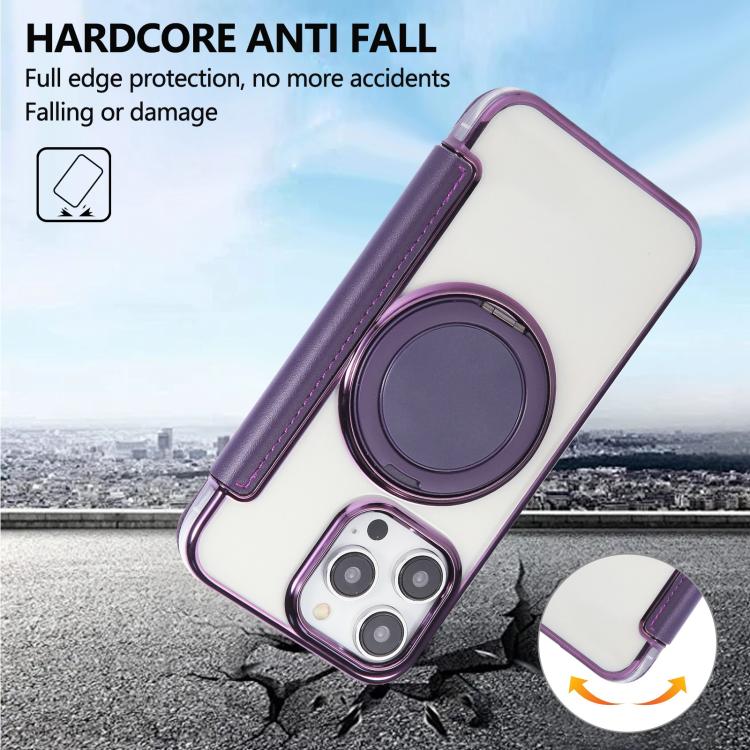 For iPhone 13 Pro Ultra-thin Rotation Holder Magnetic Plating Vegan Leather Phone Case