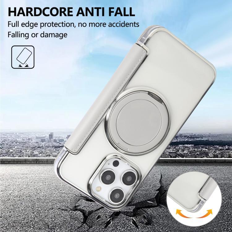 For iPhone 13 Pro Ultra-thin Rotation Holder Magnetic Plating Vegan Leather Phone Case