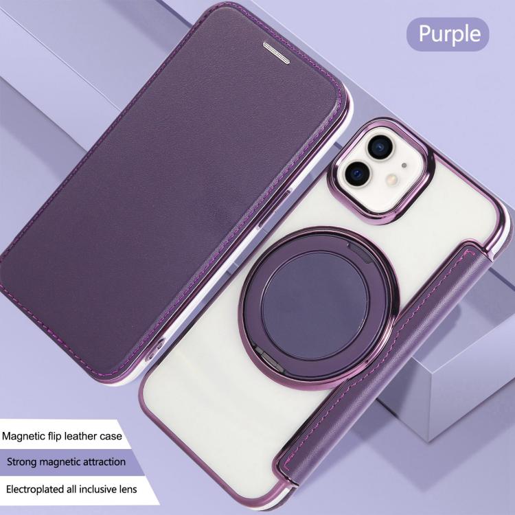 For iPhone 12 / 12 Pro Ultra-thin Rotation Holder Magnetic Plating Vegan Leather Phone Case