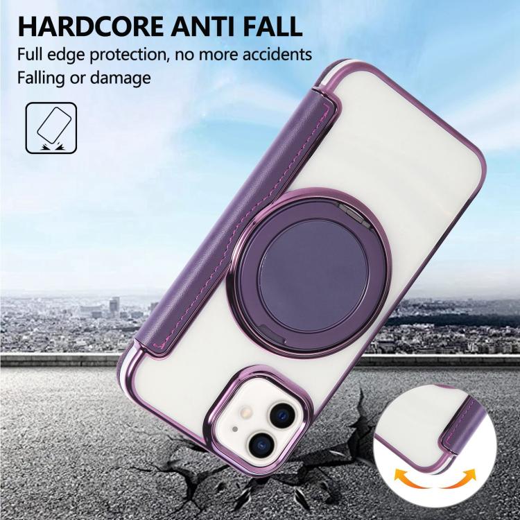 For iPhone 12 / 12 Pro Ultra-thin Rotation Holder Magnetic Plating Vegan Leather Phone Case
