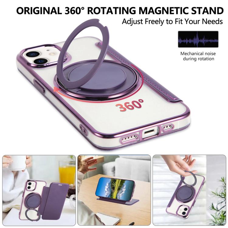 For iPhone 12 / 12 Pro Ultra-thin Rotation Holder Magnetic Plating Vegan Leather Phone Case