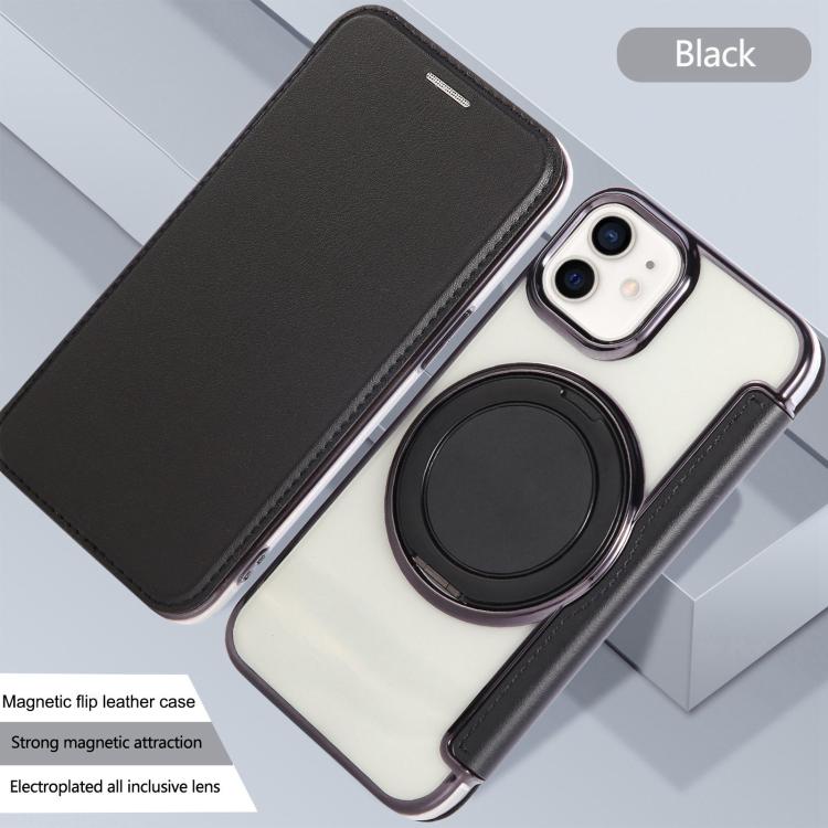 For iPhone 12 / 12 Pro Ultra-thin Rotation Holder Magnetic Plating Vegan Leather Phone Case
