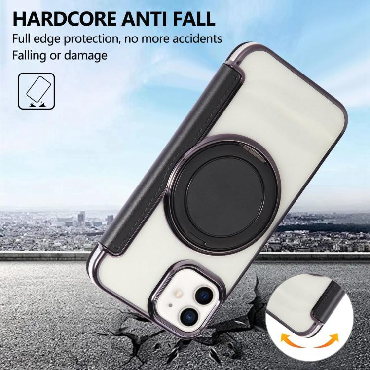 For iPhone 12 / 12 Pro Ultra-thin Rotation Holder Magnetic Plating Vegan Leather Phone Case