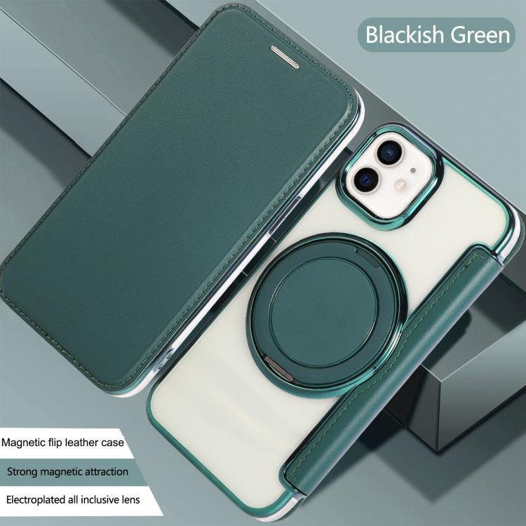 For iPhone 12 / 12 Pro Ultra-thin Rotation Holder Magnetic Plating Vegan Leather Phone Case