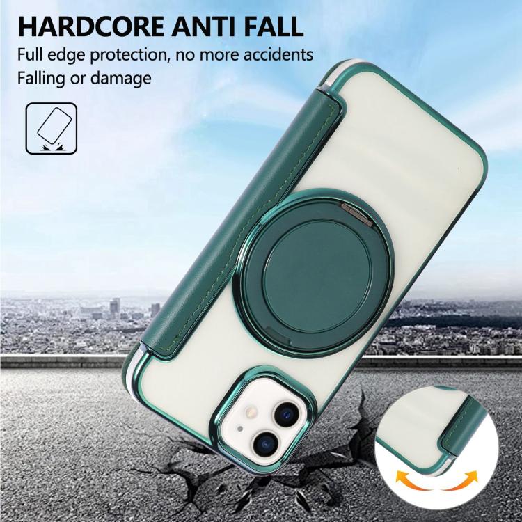 For iPhone 12 / 12 Pro Ultra-thin Rotation Holder Magnetic Plating Vegan Leather Phone Case