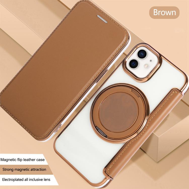 For iPhone 12 / 12 Pro Ultra-thin Rotation Holder Magnetic Plating Vegan Leather Phone Case