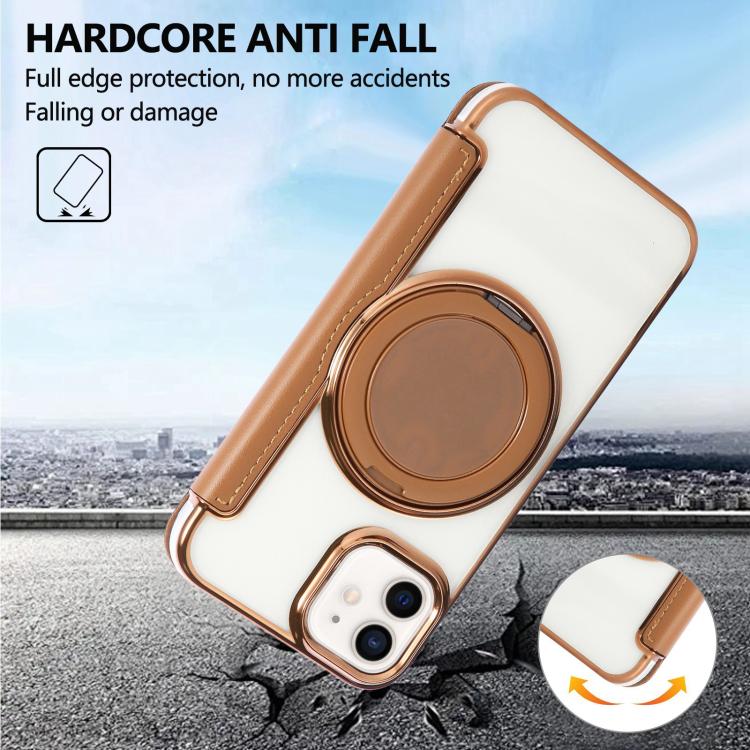 For iPhone 12 / 12 Pro Ultra-thin Rotation Holder Magnetic Plating Vegan Leather Phone Case