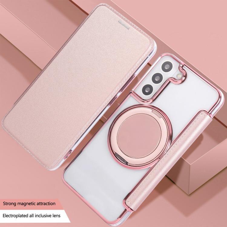 For Samsung Galaxy S22+ 5G Ultra-thin Rotation Holder Magnetic Plating Vegan Leather Phone Case