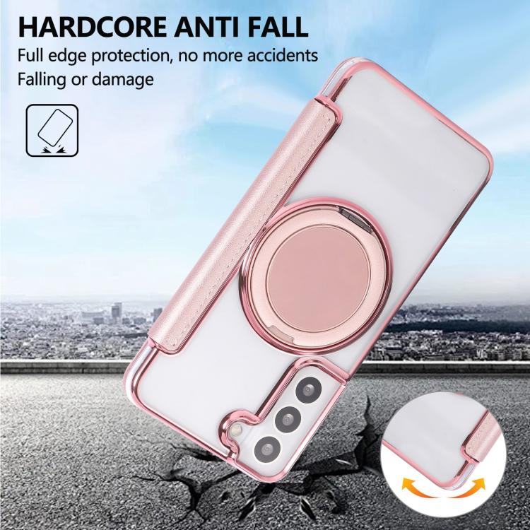 For Samsung Galaxy S22+ 5G Ultra-thin Rotation Holder Magnetic Plating Vegan Leather Phone Case
