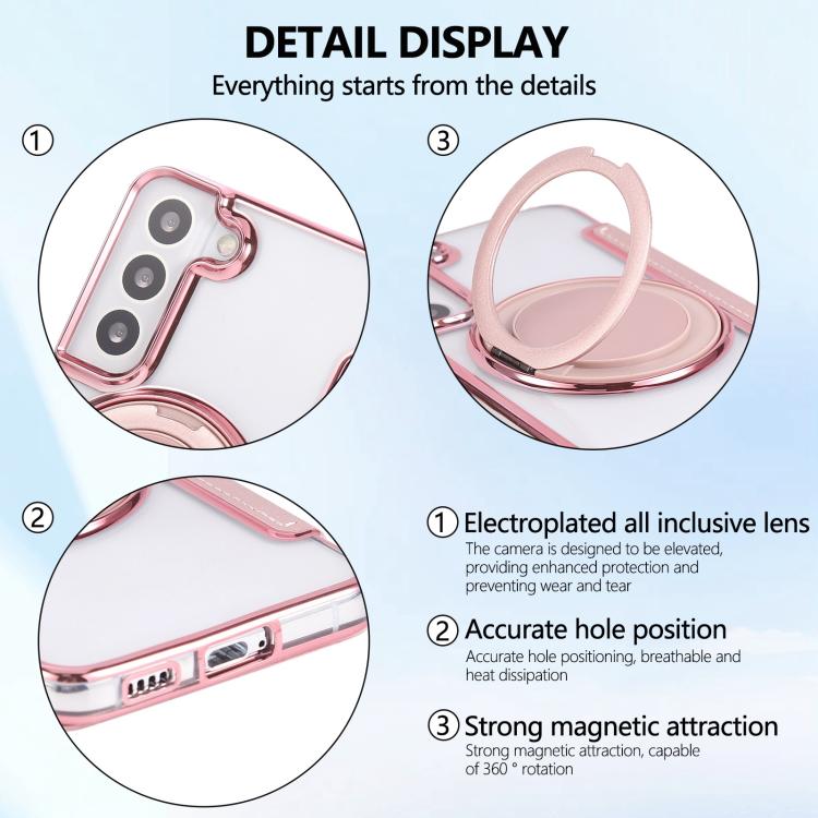 For Samsung Galaxy S22+ 5G Ultra-thin Rotation Holder Magnetic Plating Vegan Leather Phone Case