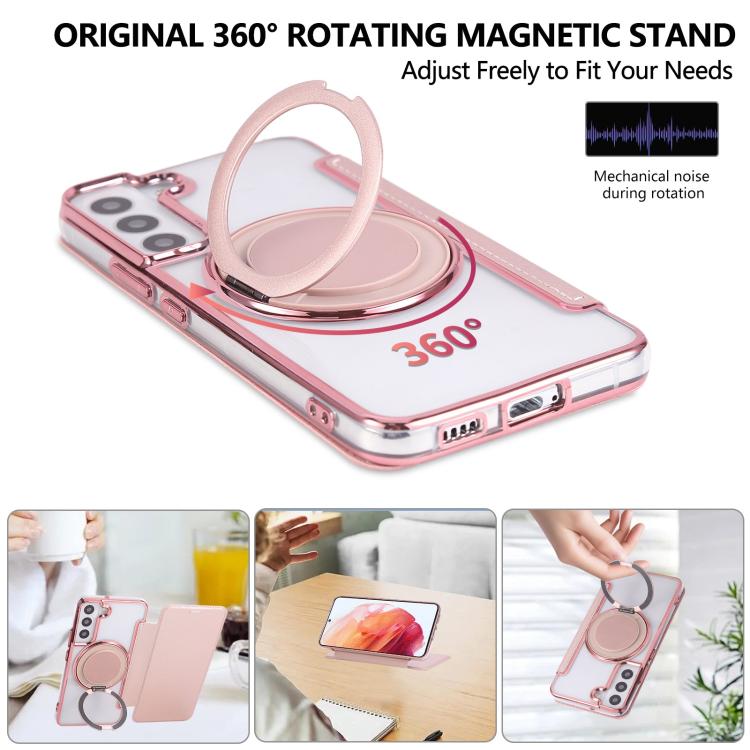 For Samsung Galaxy S22+ 5G Ultra-thin Rotation Holder Magnetic Plating Vegan Leather Phone Case