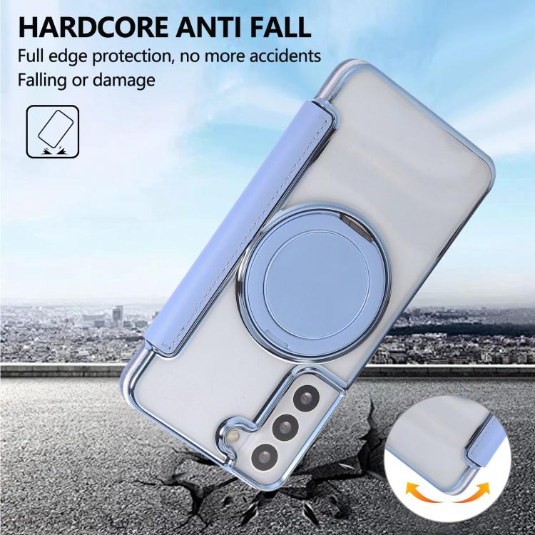 For Samsung Galaxy S22+ 5G Ultra-thin Rotation Holder Magnetic Plating Vegan Leather Phone Case