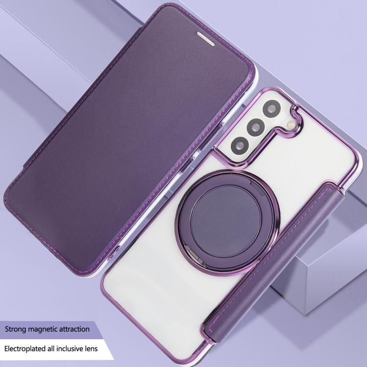 For Samsung Galaxy S22+ 5G Ultra-thin Rotation Holder Magnetic Plating Vegan Leather Phone Case