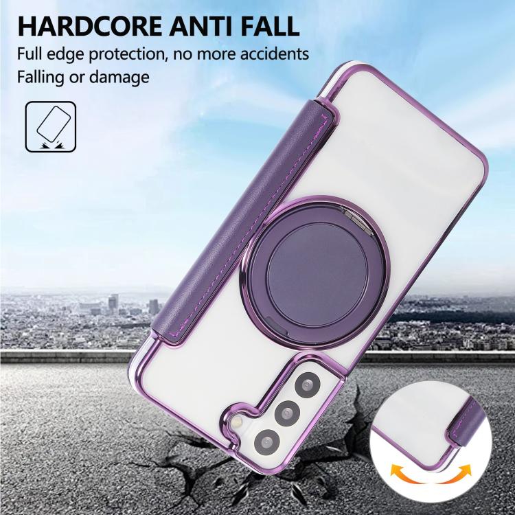 For Samsung Galaxy S22+ 5G Ultra-thin Rotation Holder Magnetic Plating Vegan Leather Phone Case