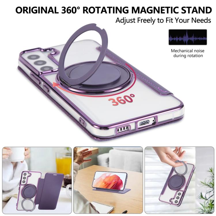 For Samsung Galaxy S22+ 5G Ultra-thin Rotation Holder Magnetic Plating Vegan Leather Phone Case