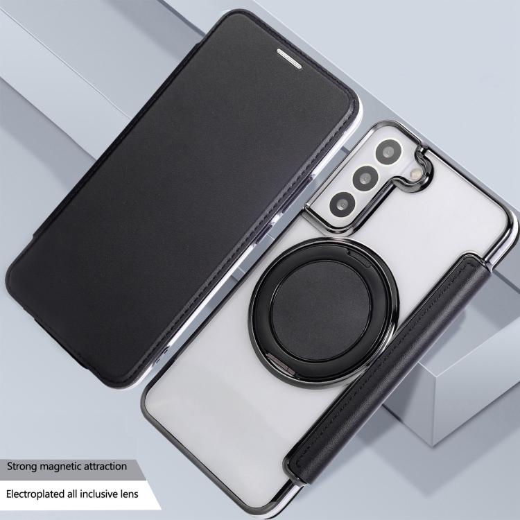 For Samsung Galaxy S22+ 5G Ultra-thin Rotation Holder Magnetic Plating Vegan Leather Phone Case